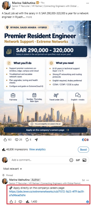Premier Resident Engineer role in Riyadh with 46,806 post impressions