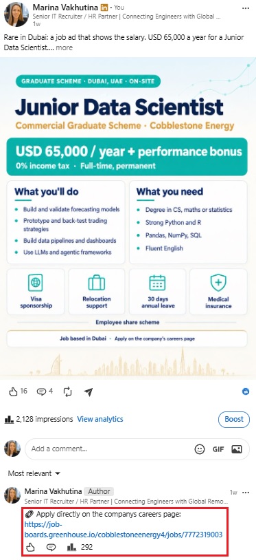 Junior Data Scientist role in Dubai with 2,128 post impressions